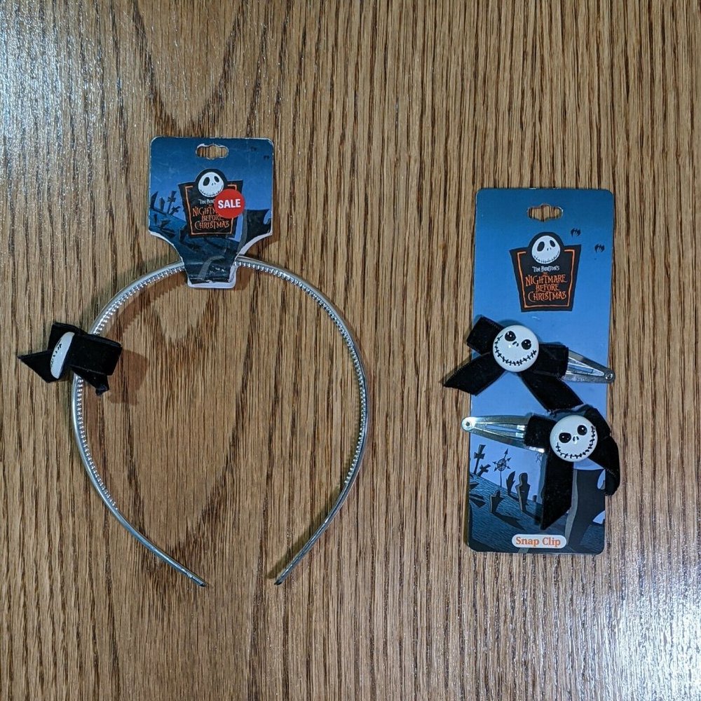 New NWT Nightmare Before Christmas Disney Hair Bow Set Clips Headband Black Jack